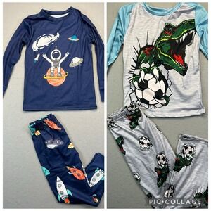 Boys Lot 2 Pajama Sets 6 Years 2 PC Sets Long Sleeve & Pants Dino Soccer Space